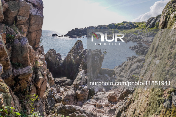 The rocky Baltic Sea coast is seen in Gudhjem, Bornholm Island, Denmark, on August 5, 2024. 