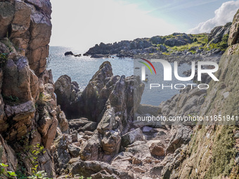 The rocky Baltic Sea coast is seen in Gudhjem, Bornholm Island, Denmark, on August 5, 2024. (