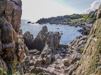 The rocky Baltic Sea coast is seen in Gudhjem, Bornholm Island, Denmark, on August 5, 2024. (