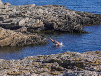 A man jumps into the Baltic Sea waters from the rocky coast in Gudhjem, Bornholm Island, Denmark, on August 6, 2024. (