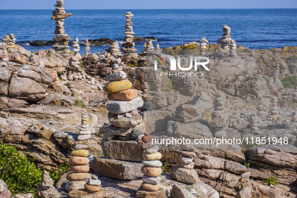 The rocky coast of the Baltic Sea is seen in Gudhjem, Bornholm Island, Denmark, on August 6, 2024 