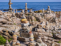 The rocky coast of the Baltic Sea is seen in Gudhjem, Bornholm Island, Denmark, on August 6, 2024 (