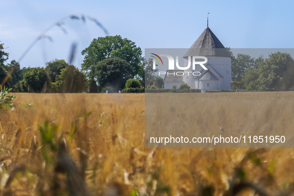 Nylars Church (Nylars Kirke) is seen on Bornholm Island, Denmark, on August 6, 2024. Originally designed for a defensive role, the solid str...