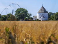 Nylars Church (Nylars Kirke) is seen on Bornholm Island, Denmark, on August 6, 2024. Originally designed for a defensive role, the solid str...