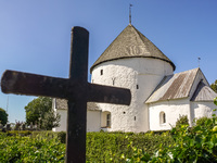 Nylars Church (Nylars Kirke) is seen on Bornholm Island, Denmark, on August 6, 2024. Originally designed for a defensive role, the solid str...