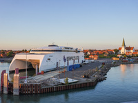 A ferry is seen in the Ronne ferry terminal on Bornholm Island, Denmark, on August 6, 2024. (