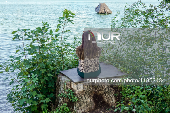 A woman sits alone on a tree stump surrounded by lush green plants, gazing out over the calm waters of the lake at Starnberger See in Starnb...