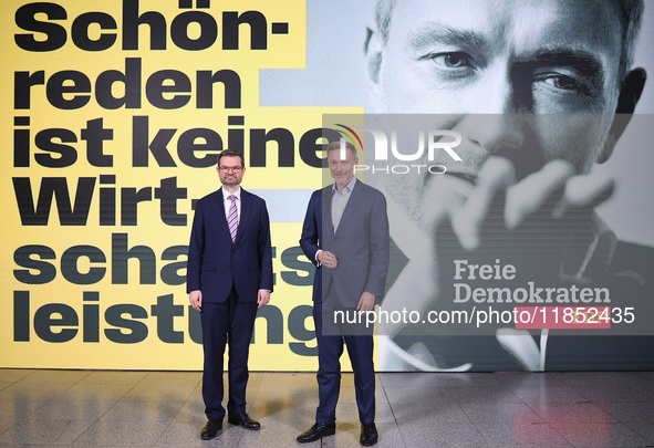 FDP Federal Chairman Christian Lindner and the designated Secretary General Dr. Marco Buschmann speak at a press conference after the campai...