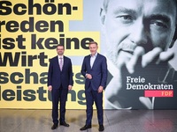 FDP Federal Chairman Christian Lindner and the designated Secretary General Dr. Marco Buschmann speak at a press conference after the campai...