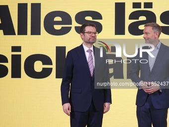 FDP Federal Chairman Christian Lindner and the designated Secretary General Dr. Marco Buschmann speak at a press conference after the campai...