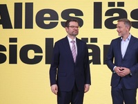 FDP Federal Chairman Christian Lindner and the designated Secretary General Dr. Marco Buschmann speak at a press conference after the campai...