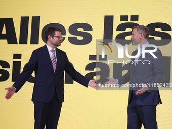 FDP Federal Chairman Christian Lindner and the designated Secretary General Dr. Marco Buschmann speak at a press conference after the campai...