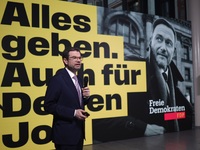 FDP Federal Chairman Christian Lindner and the designated Secretary General Dr. Marco Buschmann speak at a press conference after the campai...