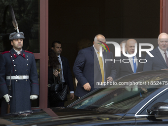 The leader of the party GERB (Citizens for European Development of Bulgaria), Boyko Borisov, stands in front of the Presidency building afte...