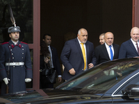 The leader of the party GERB (Citizens for European Development of Bulgaria), Boyko Borisov, stands in front of the Presidency building afte...