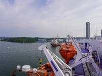 People on board the Stena Line Ferry look at the Sweden Baltic Sea coast in Karlskrona, Sweden, on August 16, 2024. (