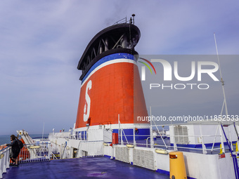 People on board the Stena Line Ferry look at the Sweden Baltic Sea coast in Karlskrona, Sweden, on August 16, 2024. (