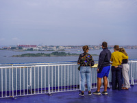 People on board the Stena Line Ferry look at the Sweden Baltic Sea coast in Karlskrona, Sweden, on August 16, 2024. (