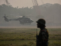 Indian Army helicopters take part in a practice run for the upcoming Vijay Diwas celebrations in Kolkata, India, on December 10, 2024. Vijay...