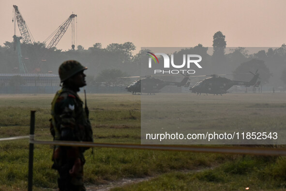 Indian Army helicopters take part in a practice run for the upcoming Vijay Diwas celebrations in Kolkata, India, on December 10, 2024. Vijay...