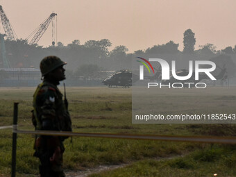 Indian Army helicopters take part in a practice run for the upcoming Vijay Diwas celebrations in Kolkata, India, on December 10, 2024. Vijay...