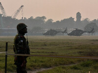 Indian Army helicopters take part in a practice run for the upcoming Vijay Diwas celebrations in Kolkata, India, on December 10, 2024. Vijay...