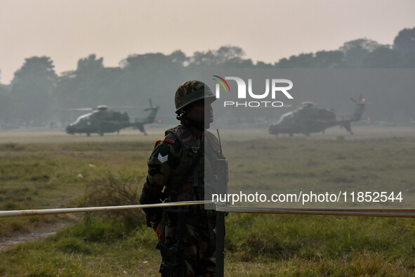 Indian Army helicopters take part in a practice run for the upcoming Vijay Diwas celebrations in Kolkata, India, on December 10, 2024. Vijay...