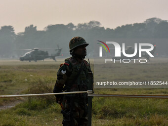 Indian Army helicopters take part in a practice run for the upcoming Vijay Diwas celebrations in Kolkata, India, on December 10, 2024. Vijay...