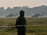 Indian Army helicopters take part in a practice run for the upcoming Vijay Diwas celebrations in Kolkata, India, on December 10, 2024. Vijay...