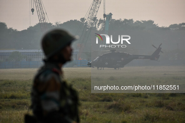 Indian Army helicopters take part in a practice run for the upcoming Vijay Diwas celebrations in Kolkata, India, on December 10, 2024. Vijay...