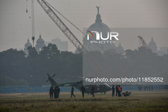 Indian Army helicopters take part in a practice run for the upcoming Vijay Diwas celebrations in Kolkata, India, on December 10, 2024. Vijay...