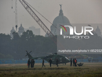 Indian Army helicopters take part in a practice run for the upcoming Vijay Diwas celebrations in Kolkata, India, on December 10, 2024. Vijay...