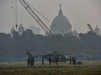 Indian Army helicopters take part in a practice run for the upcoming Vijay Diwas celebrations in Kolkata, India, on December 10, 2024. Vijay...