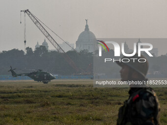 Indian Army helicopters take part in a practice run for the upcoming Vijay Diwas celebrations in Kolkata, India, on December 10, 2024. Vijay...