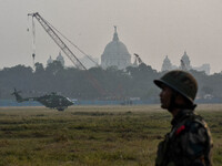 Indian Army helicopters take part in a practice run for the upcoming Vijay Diwas celebrations in Kolkata, India, on December 10, 2024. Vijay...