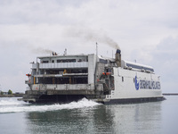 A Bornholmslinjen ferry is in port in Ystad, Sweden, on August 4, 2024. (