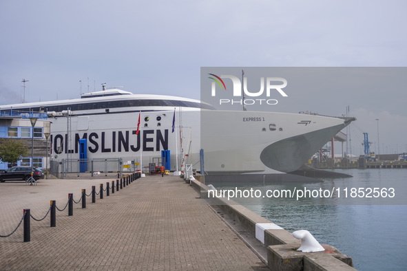 A Bornholmslinjen ferry is in port in Ystad, Sweden, on August 4, 2024. 