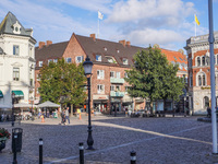 A general view of the old town is seen in Ystad, Sweden, on August 4, 2024 (