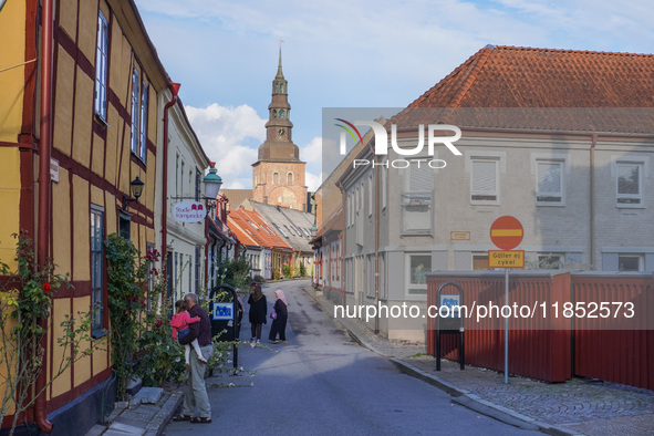 A general view of the old town is seen in Ystad, Sweden, on August 4, 2024 