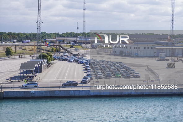 A general view of the port and ferry terminal is seen in Ystad, Sweden, on August 5, 2024. 