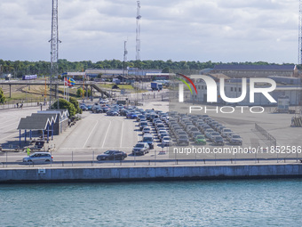 A general view of the port and ferry terminal is seen in Ystad, Sweden, on August 5, 2024. (