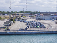 A general view of the port and ferry terminal is seen in Ystad, Sweden, on August 5, 2024. (