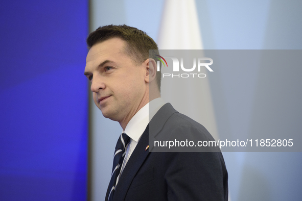 Polish Minister for European Affairs Adam Szlapka looks on during the presentation of the program for the 2025 Poland's Presidency of the Co...