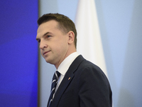 Polish Minister for European Affairs Adam Szlapka looks on during the presentation of the program for the 2025 Poland's Presidency of the Co...