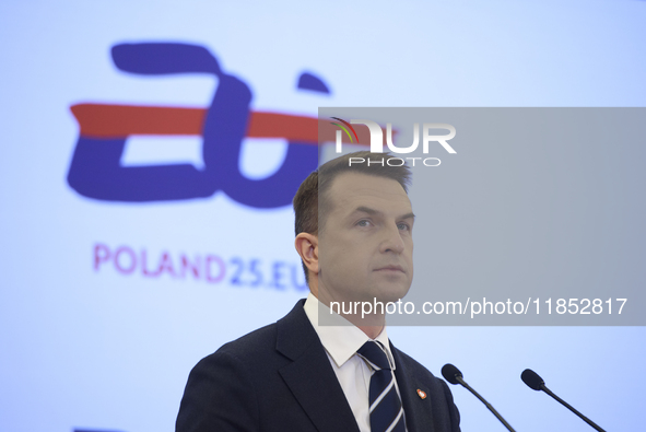 Polish Minister for European Affairs Adam Szlapka looks on during the presentation of the program for the 2025 Poland's Presidency of the Co...