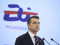 Polish Minister for European Affairs Adam Szlapka looks on during the presentation of the program for the 2025 Poland's Presidency of the Co...