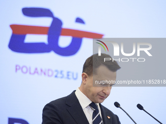 Polish Minister for European Affairs Adam Szlapka looks down during the presentation of the program for the 2025 Poland's Presidency of the...