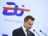 Polish Minister for European Affairs Adam Szlapka looks down during the presentation of the program for the 2025 Poland's Presidency of the...