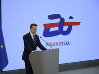 Polish Minister for European Affairs Adam Szlapka speaks during the presentation of the program for the 2025 Poland's Presidency of the Coun...