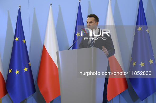 Polish Minister for European Affairs Adam Szlapka speaks during the presentation of the program for the 2025 Poland's Presidency of the Coun...